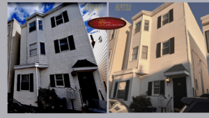 Before and After photos of a James Hardie siding installation job completed in South Boston, MA