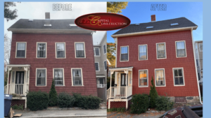 Before and After photos of a James Hardie siding installation job completed in Jamaica Plain, MA
