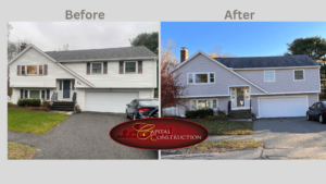 Before and After photos of a James Hardie siding installation job completed in Needham, MA
