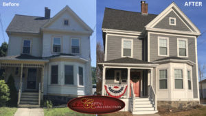 Before and After photos of a James Hardie siding installation job completed in Hyde Park, MA