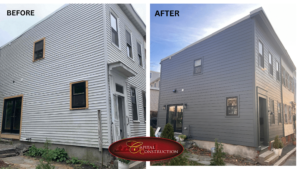 Before and After photos of a James Hardie siding installation job completed in Charlestown, MA