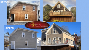 Before and after photos of a James Hardie siding installation job in Cohasset, MA