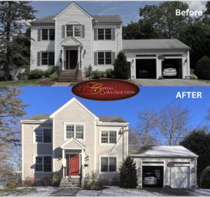 Before and after photos of a James Hardie siding installation job in Needham, MA