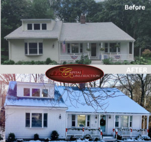 Before and after photos of a James Hardie siding installation job in Hingham, MA