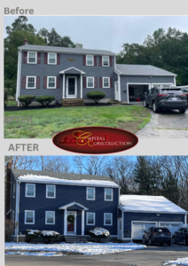 Before and after photos of a James Hardie siding installation job in Weymouth, MA