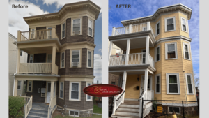 Before and after photos of a James Hardie siding installation job in Dorchester, MA