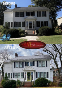 Before and after photos of a James Hardie siding installation job in Newton, MA