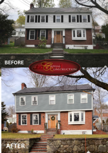 Before and after photos of a James Hardie siding installation job in Brookline, MA