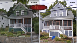 Before and after photos of a James Hardie siding installation job in Roslindale, MA