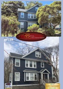 Before and after photos of James Hardie siding installation in Arlington, MA